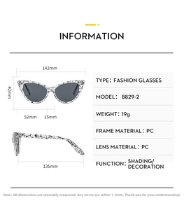 Detailed size specifications for cat-eye sunglasses including frame width and lens height