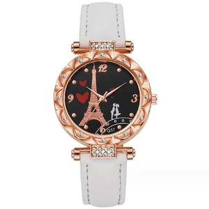 Orologio al quarzo da donna con cinturino in pelle bianca e Torre Eiffel sul quadrante