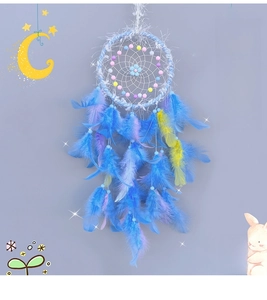 Creamy blue dream catcher featuring soft feathers and colorful beads decoration