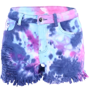 Women's tie-dye denim shorts featuring distressed ripped details and fringe hems