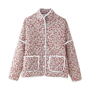 Dames Doorgestikte Jas Bloemen Madeliefje Print Opstaande Kraag Gewatteerde Jas Vintage Casual Met Zakken
