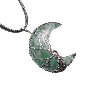 Handmade moon pendant necklace with tree of life wire wrap and green natural crystals