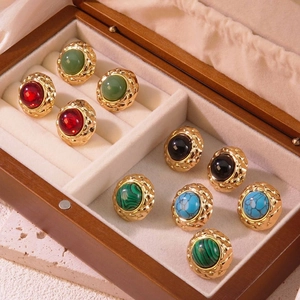 Vintage Round Stud Earrings Stainless Steel Quilted Texture Gold Plated Colorful Geometric Retro Style For Women