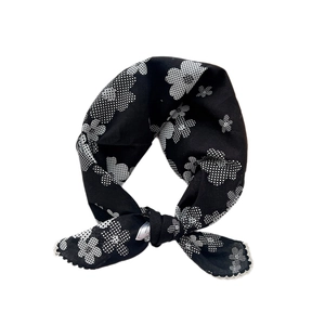Classic black floral cotton linen neck scarf with white petal print and fine edge stitching