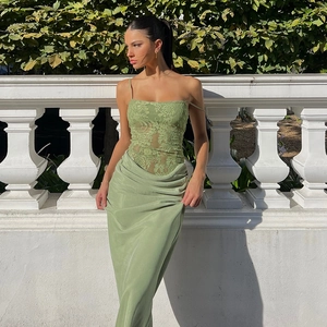 Elegant green lace patchwork satin maxi dress with spaghetti straps and slim fit design