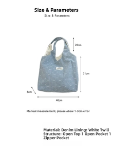 Dimensions détaillées du sac cabas en jean avec motifs nœuds et structure interne