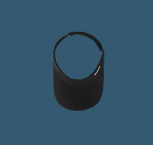 Detail of black sports visor with white SPORTS logo and adjustable back toggle strap