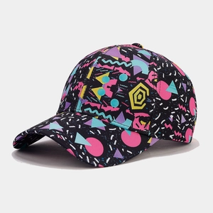 Detail of vintage graffiti baseball cap with colorful geometric patterns on black fabric