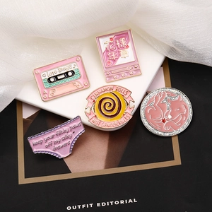 Pink enamel lapel pin set featuring fox with rhinestones and creative music themes