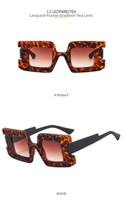 Detailed views of leopard print square sunglasses with gradient tea lenses and black temples