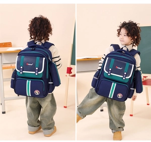Detail of ergonomic kids school bag in dark blue with green front pocket and pencil case