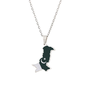 Vintage stainless steel necklace with green Pakistan map pendant and star moon flag detail