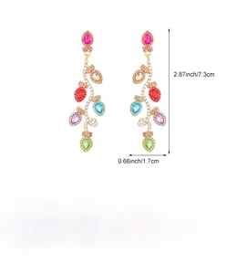 Detail view of colorful Christmas bulb drop earrings with exact size measurements