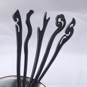 Set of 5 black faux ebony hairpins with classic minimalist carved patterns for Hanfu