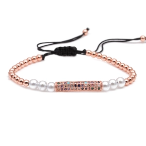 Adjustable woven bracelet with rose gold beads, pearls, and multi-color zircon inlay