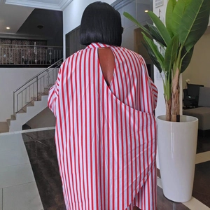 Vertical red and white striped long sleeve shirt with sexy V-neck backless cutout detail