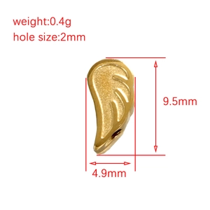 Minimalist gold angel wing pendant bead with detailed measurements for jewelry making