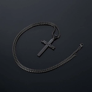 Men's minimalist black stainless steel cross necklace featuring JESUS engraved pendant