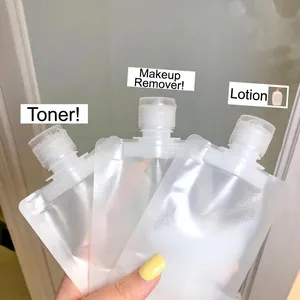 Three-piece set of portable squeeze travel pouches for shampoo and lotion with screw caps