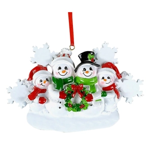 Resin snowman family Christmas ornament with wreath and snowflakes on hanging ribbon