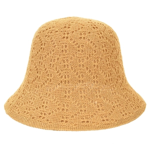 Women's hollow knit bucket hat in ginger yellow with breathable geometric crochet pattern
