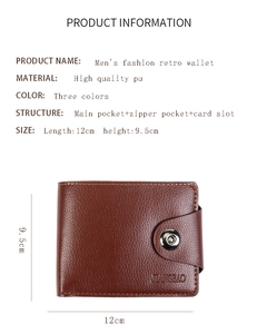 Detailed size specifications for the brown PU leather men's wallet with zipper