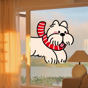Sticker de fenêtre chien de dessin animé avec écharpe rouge pour décoration de Noël au coucher