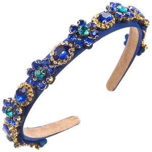 Detail of vintage Baroque headband with blue crystals and floral rhinestone patterns
