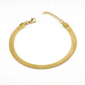 Minimalist 18K Gold Plated Stainless Steel Flat Snake Chain Bracelet Herringbone Blade Link Adjustable Fashion Jewelry