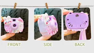 Detailed views of iridescent bunny projection camera keychain from three angles