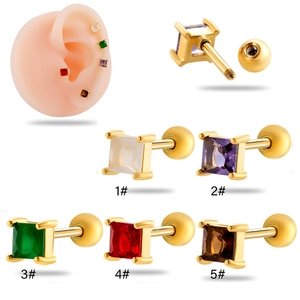 Square cut gemstone cartilage earrings set in gold finish with screw ball back closure