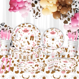Pink Western Cowboy Girl Theme Disposable Party Tableware Cow Print Pattern Birthday Celebration Supplies Paper Plastic