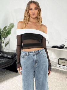Off-shoulder long sleeve top with black and white contrast and sheer mesh stripes