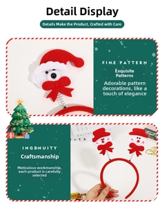 Detail view of plush Christmas headbands featuring Santa and Snowman with red bows