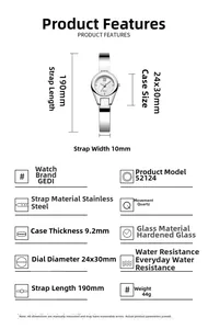 Detailed spec sheet showing silver stainless steel watch dimensions and quartz movement
