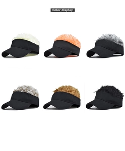 Detailed grid display of camouflage baseball hats featuring six wig hair color options