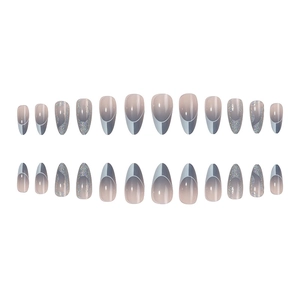 Dusty blue stiletto press-on nails with silver glitter and geometric designs