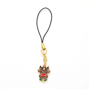 Mini Christmas reindeer phone charm pendant with golden edges and black lanyard strap