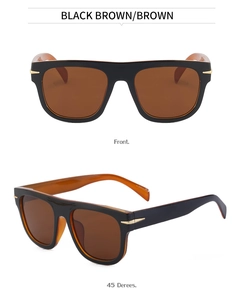 Front and 45-degree angle views of square oversized sunglasses with gold arrow accents