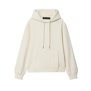 Minimalist cream white hoodie featuring long sleeves, drawstring hood and kangaroo pocket