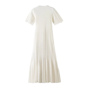 White short sleeve knit midi dress with lapel collar and vertical ribbed texture