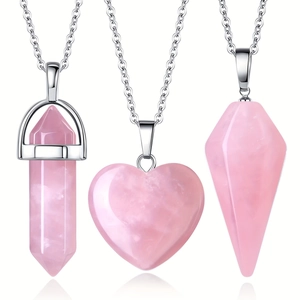 Three-piece rose quartz necklace set with hexagonal prism and heart crystal pendants