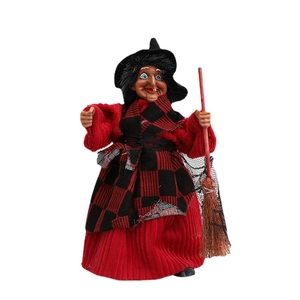 Hanging Halloween witch figurine with red plaid dress and broom for haunted house decor