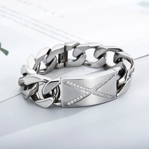 Bracelet gourmette cubaine pour homme en acier inoxydable avec plaque diamantée en motif X
