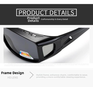 Detail view of black polarized sports sunglasses frame with clear logo and lens mark