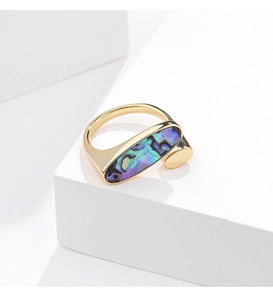 Macro detail of oval abalone shell inlay on gold-plated S925 silver ring