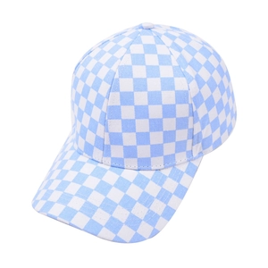 Close-up of blue and white checkerboard cotton baseball cap with curved brim detail