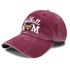 Close-up of vintage washed burgundy cotton baseball cap with Football MOM heart embroidery
