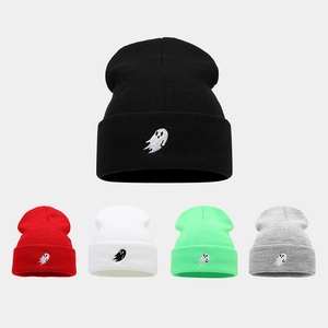 Ghost Embroidery Knit Beanie Hat Soft Acrylic Cuffed Winter Warm Halloween Streetwear Casual Headwear