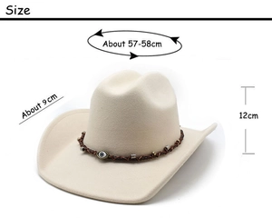 Detailed view of cream felt cowboy hat with woven band and dimensions 57-58cm size